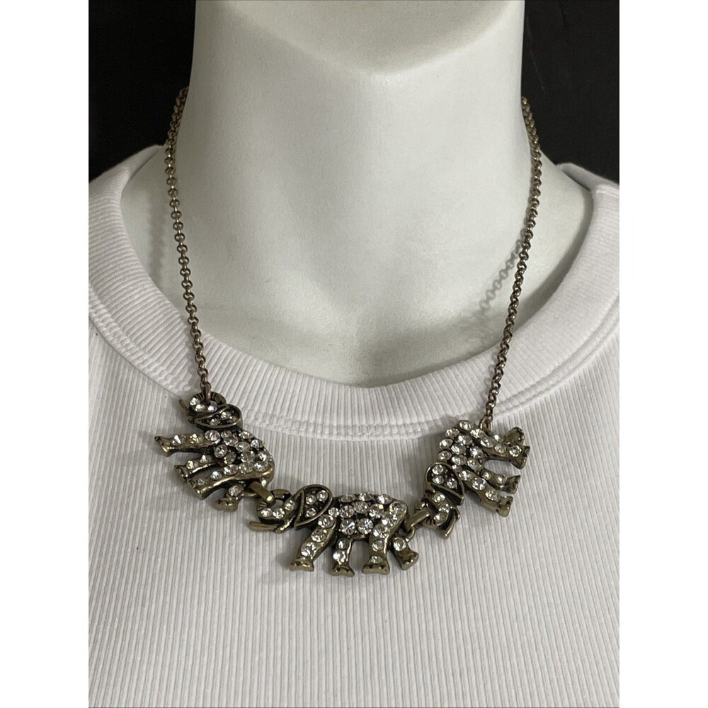 Vintage Three Linked Elephants Clear Rhinestone Necklace 16-18” Animal Fashion